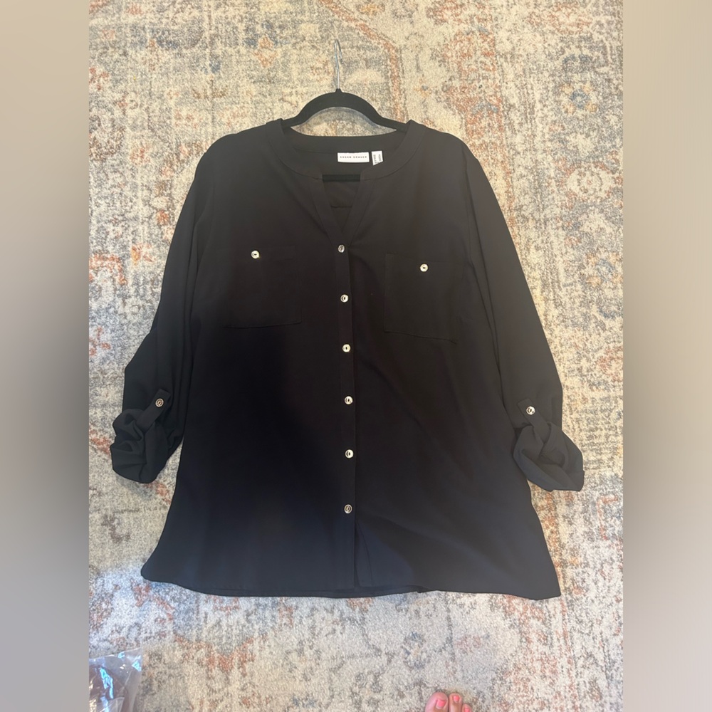 Susan Graver Stretch Woven Button Front Long Sleeve Shirt Plus 16 Black A286471 - Picture 2 of 10